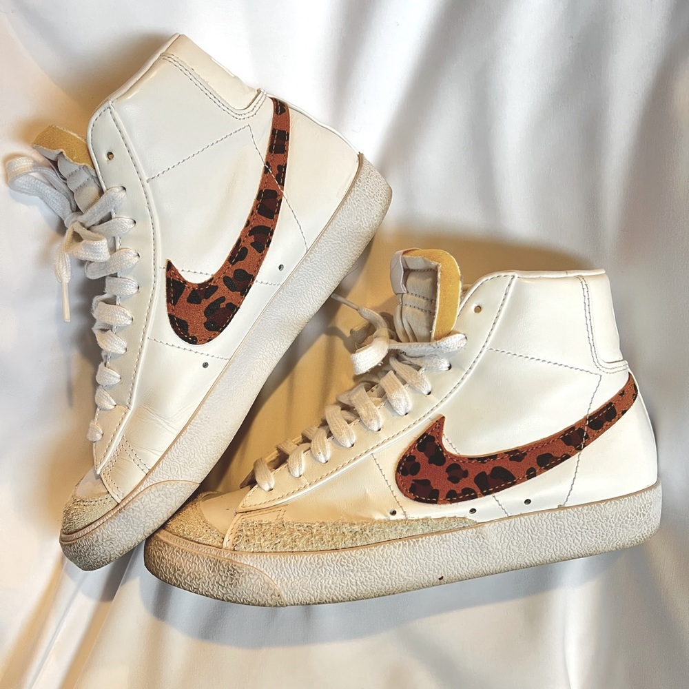Nike Blazer ‘77 in white leather with leopard swoosh, women’s US 7.5